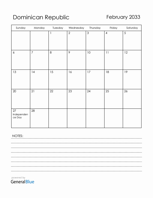 February 2033 Dominican Republic Calendar with Holidays (Sunday Start)