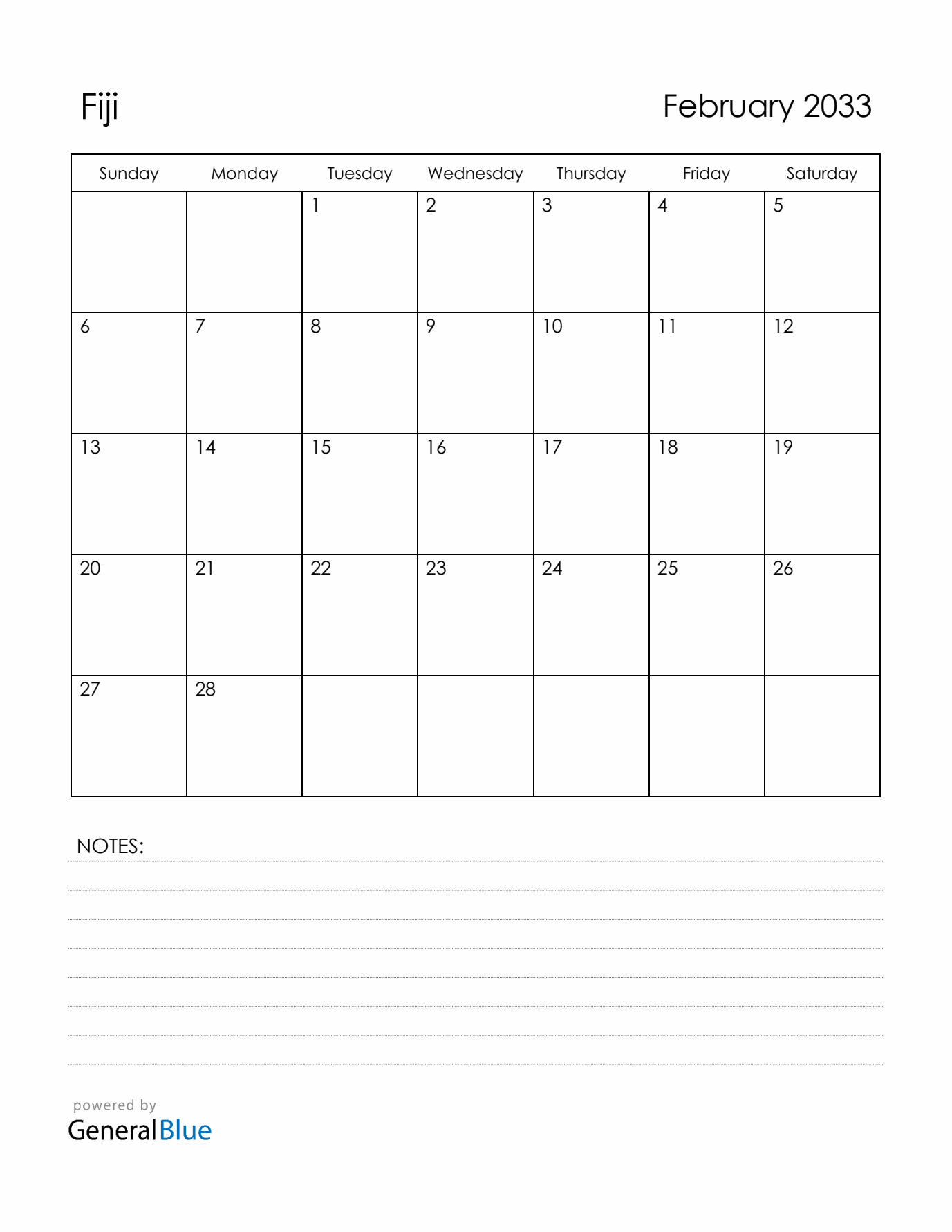 February 2033 Fiji Calendar with Holidays (Sunday Start)