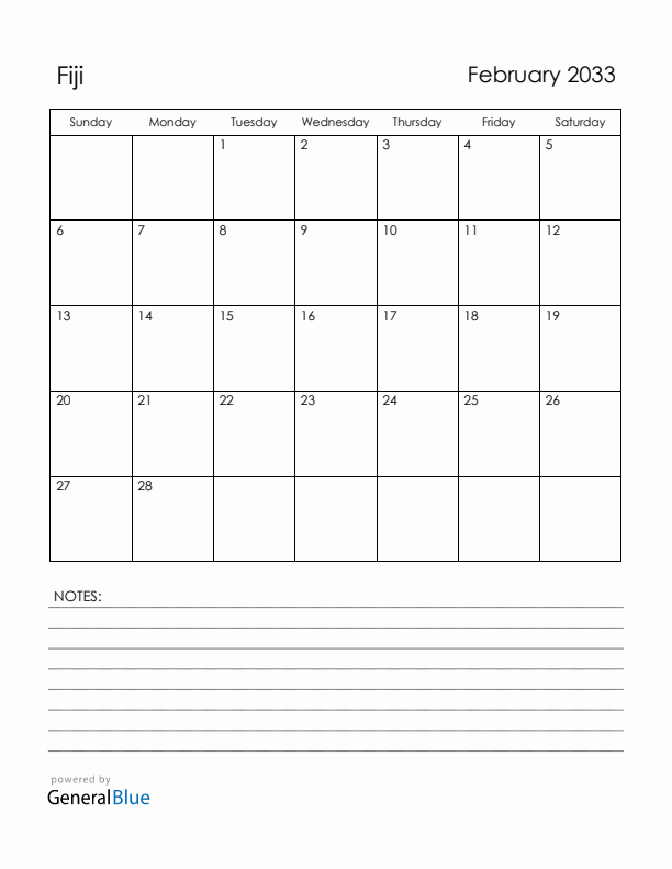 February 2033 Fiji Calendar with Holidays (Sunday Start)