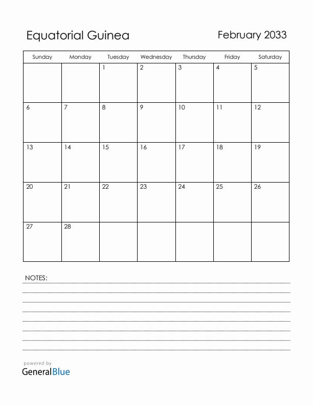 February 2033 Equatorial Guinea Calendar with Holidays (Sunday Start)