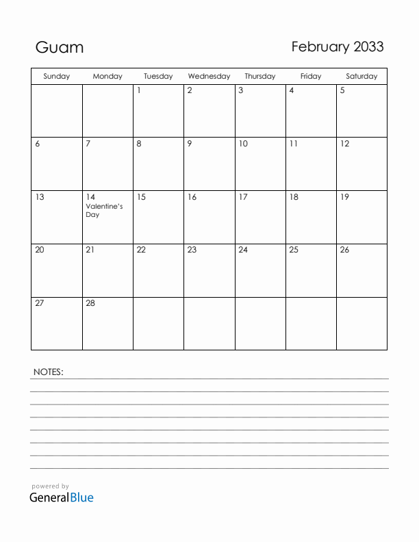 February 2033 Guam Calendar with Holidays (Sunday Start)