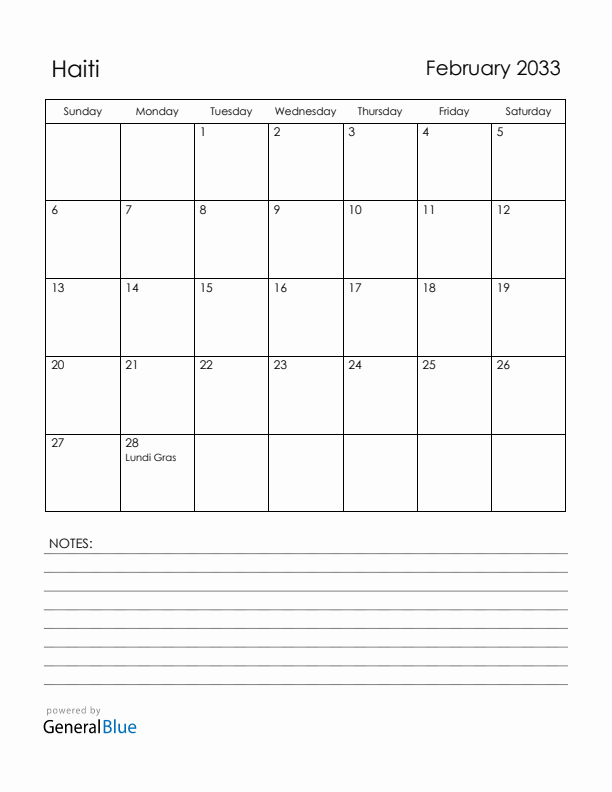 February 2033 Haiti Calendar with Holidays (Sunday Start)