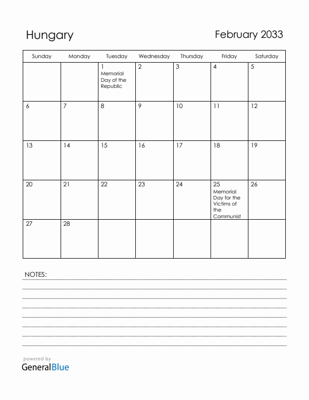 February 2033 Hungary Calendar with Holidays (Sunday Start)