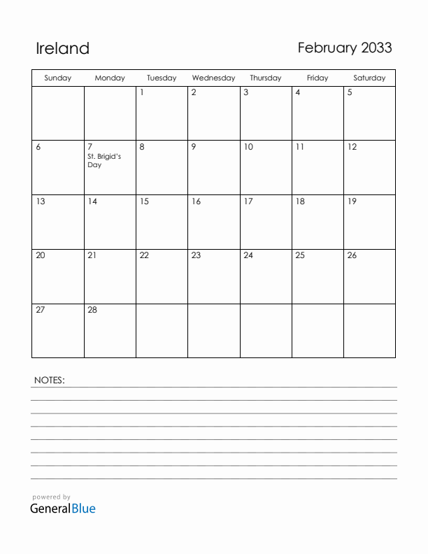 February 2033 Ireland Calendar with Holidays (Sunday Start)