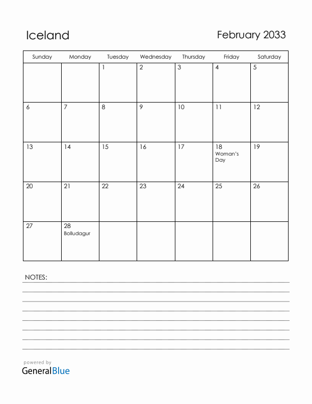 February 2033 Iceland Calendar with Holidays (Sunday Start)