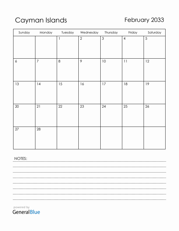 February 2033 Cayman Islands Calendar with Holidays (Sunday Start)