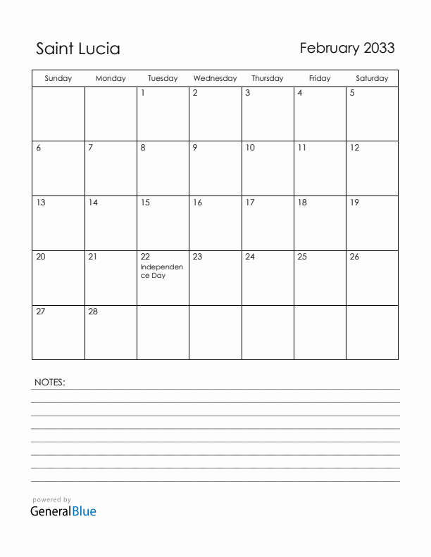 February 2033 Saint Lucia Calendar with Holidays (Sunday Start)