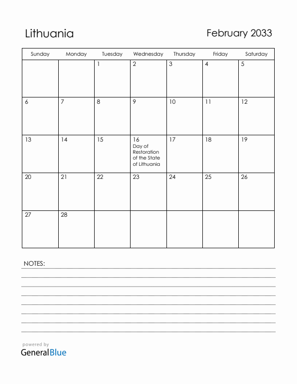 February 2033 Lithuania Calendar with Holidays (Sunday Start)