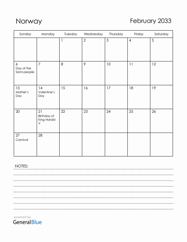February 2033 Norway Calendar with Holidays (Sunday Start)