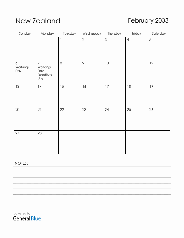 February 2033 New Zealand Calendar with Holidays (Sunday Start)