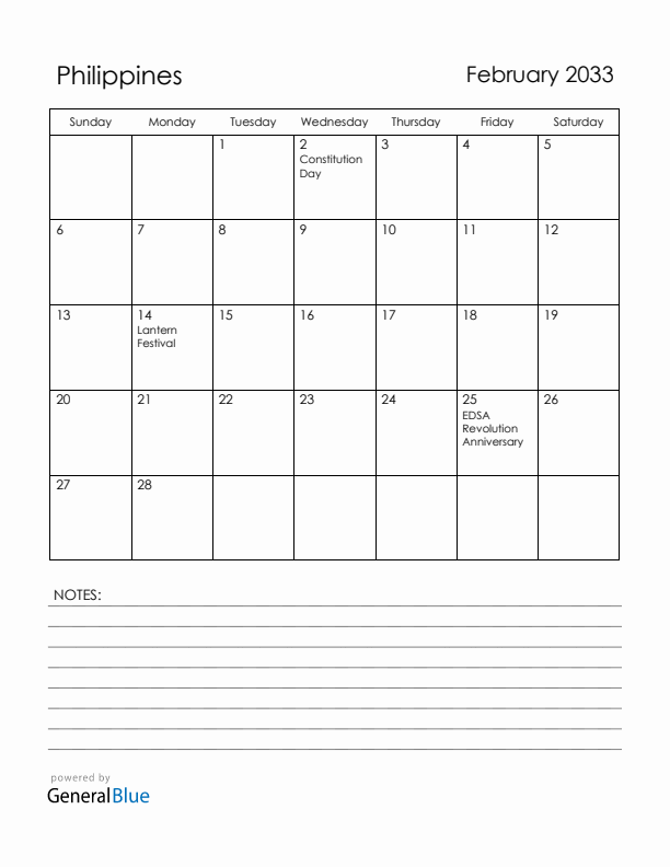 February 2033 Philippines Calendar with Holidays (Sunday Start)