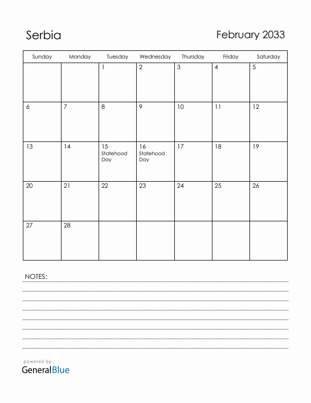 February 2033 Serbia Calendar with Holidays (Sunday Start)