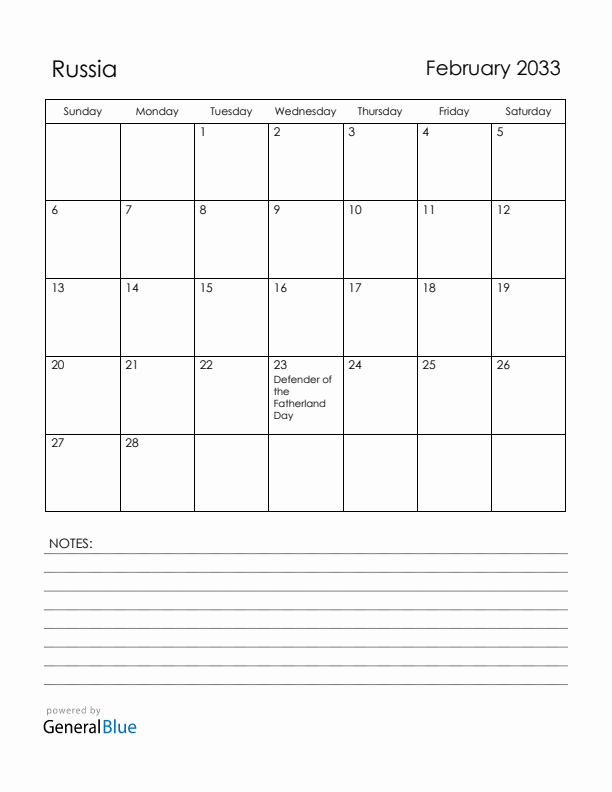 February 2033 Russia Calendar with Holidays (Sunday Start)