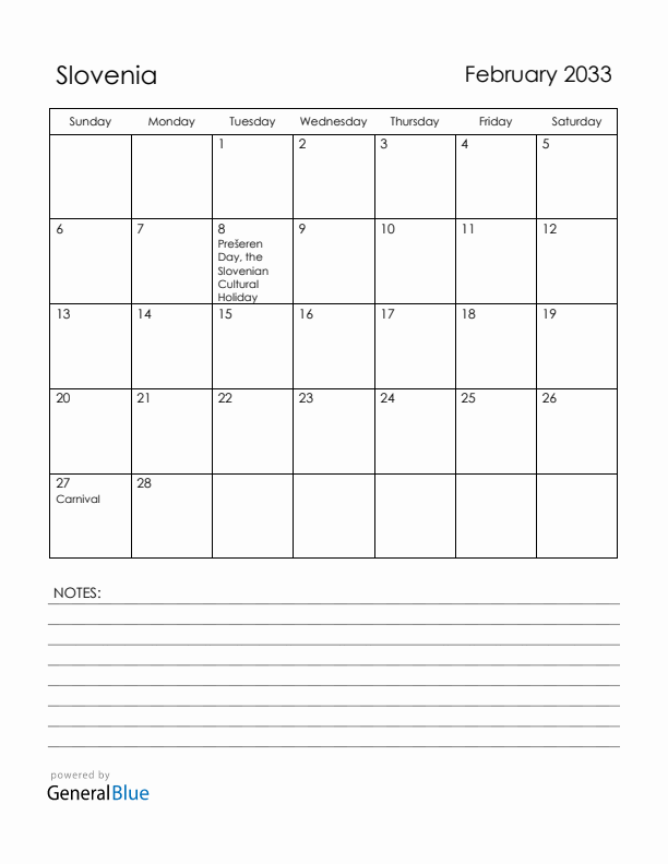 February 2033 Slovenia Calendar with Holidays (Sunday Start)