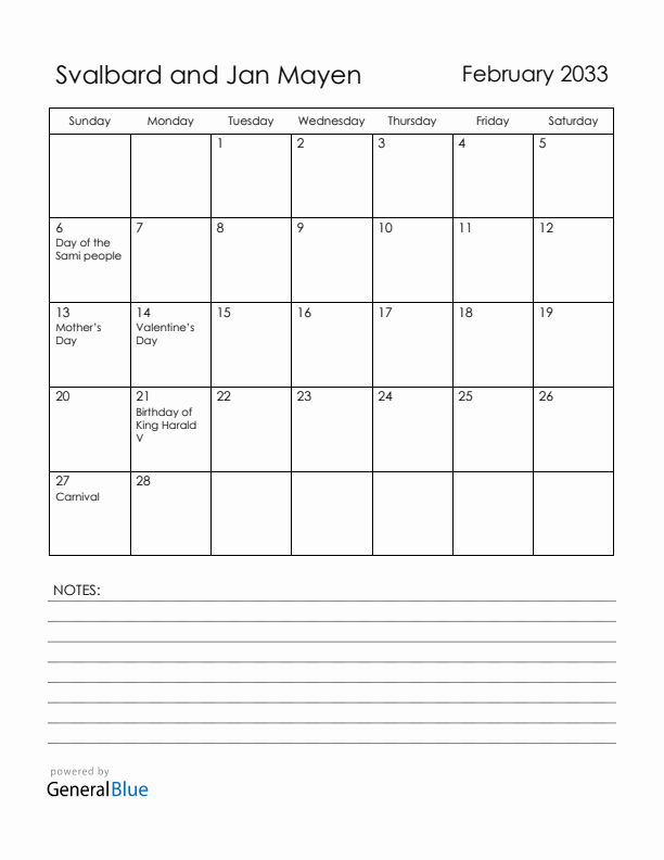February 2033 Svalbard and Jan Mayen Calendar with Holidays (Sunday Start)