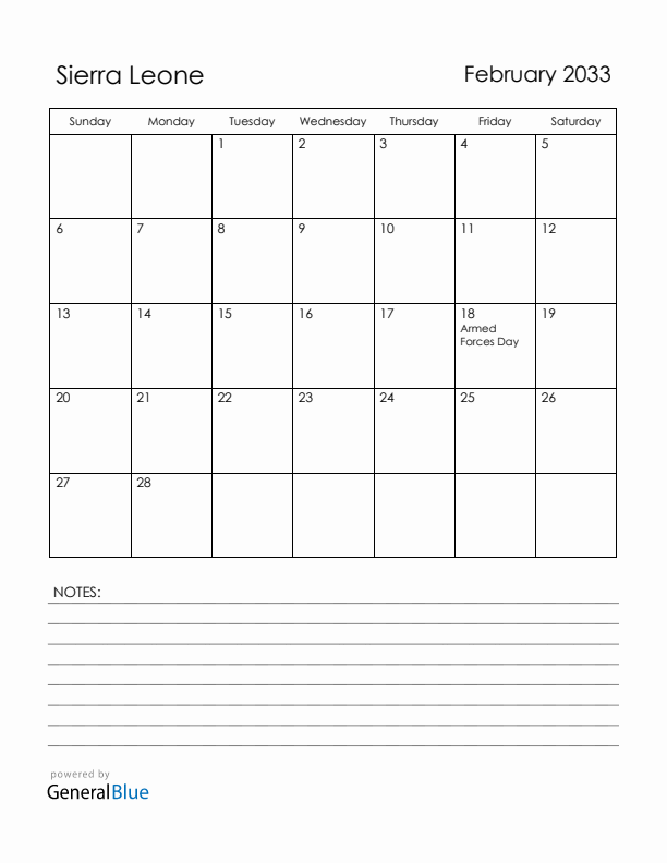 February 2033 Sierra Leone Calendar with Holidays (Sunday Start)