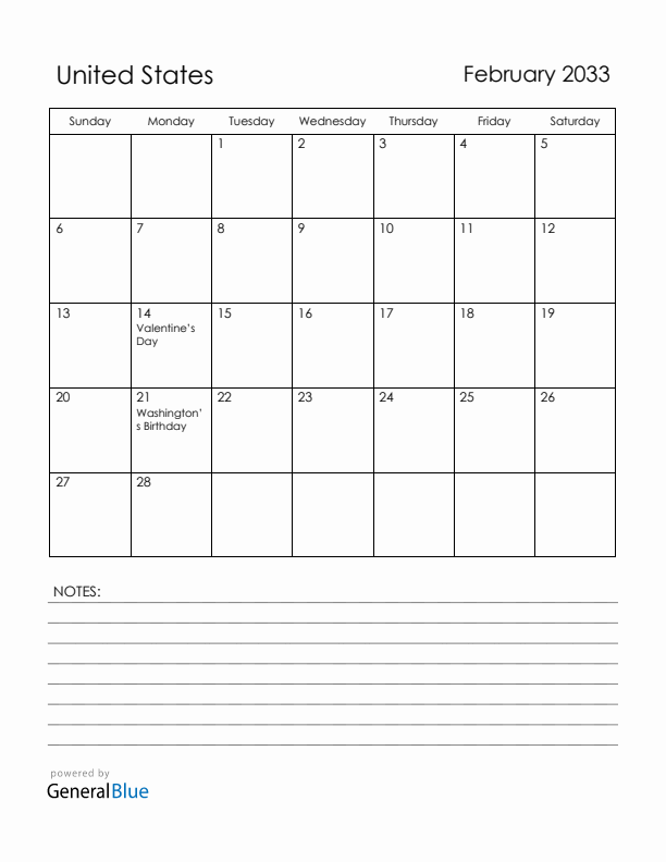 February 2033 United States Calendar with Holidays (Sunday Start)