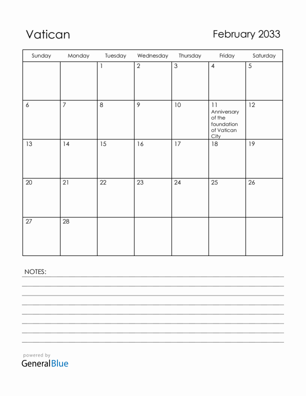 February 2033 Vatican Calendar with Holidays (Sunday Start)