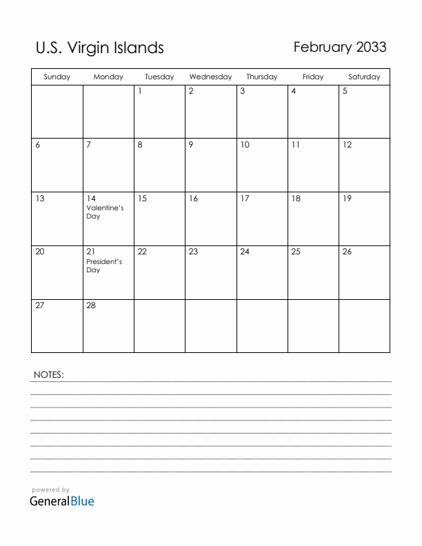 February 2033 U.S. Virgin Islands Calendar with Holidays (Sunday Start)