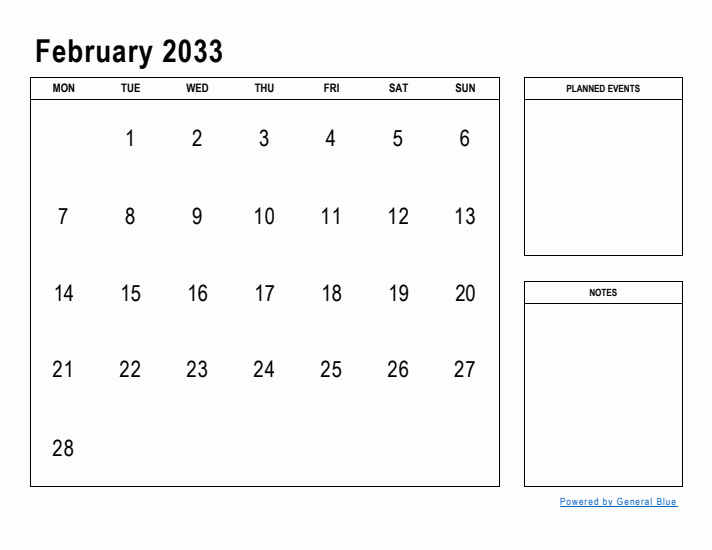 February 2033 Calendar Planner