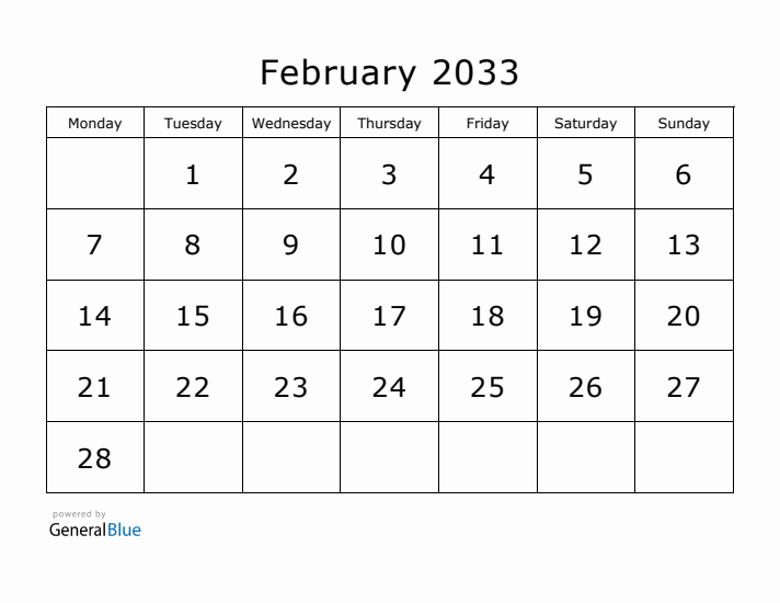 Printable February 2033 Calendar - Monday Start
