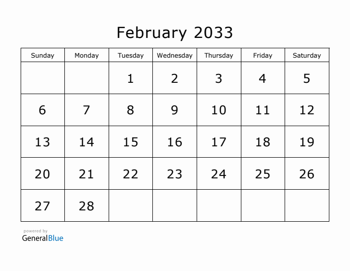 Printable February 2033 Calendar - Sunday Start