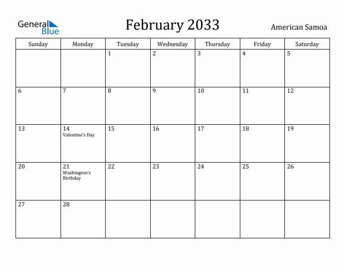 February 2033 Calendar American Samoa