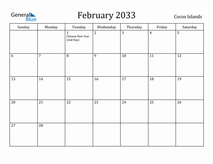 February 2033 Calendar Cocos Islands