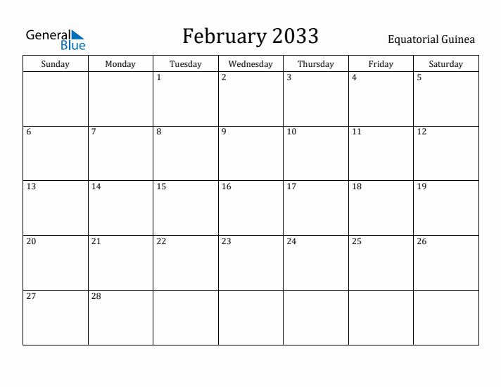 February 2033 Calendar Equatorial Guinea