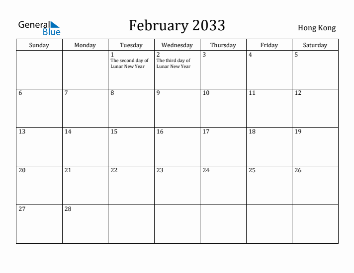 February 2033 Calendar Hong Kong