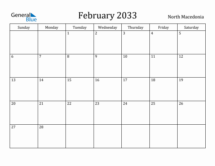February 2033 Calendar North Macedonia