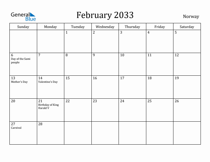 February 2033 Calendar Norway