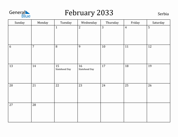February 2033 Calendar Serbia