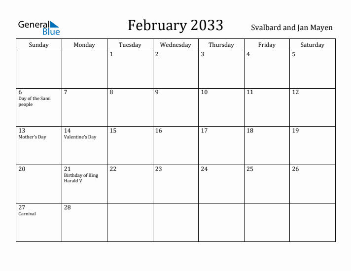 February 2033 Calendar Svalbard and Jan Mayen