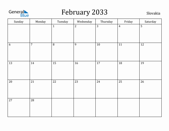 February 2033 Calendar Slovakia