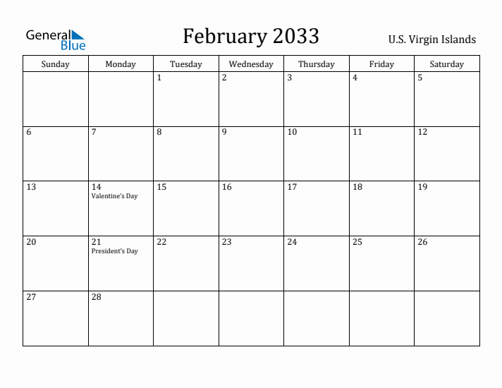 February 2033 Calendar U.S. Virgin Islands