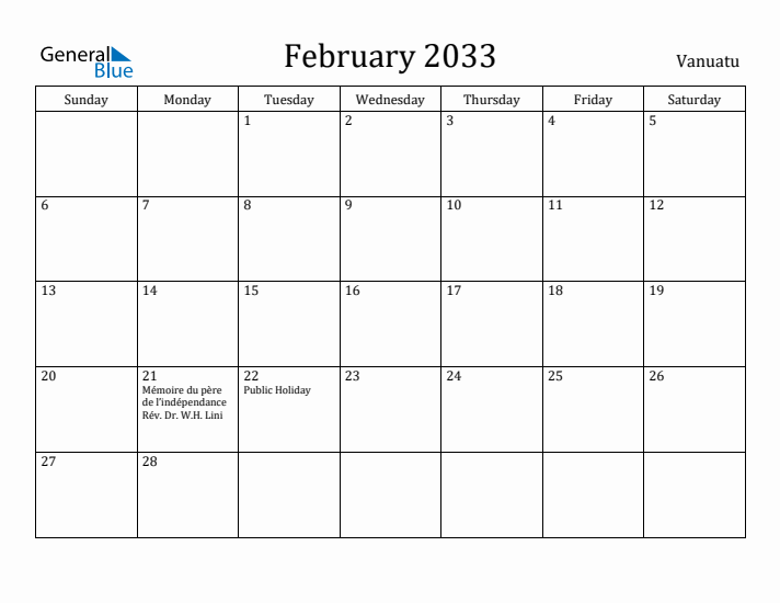February 2033 Calendar Vanuatu