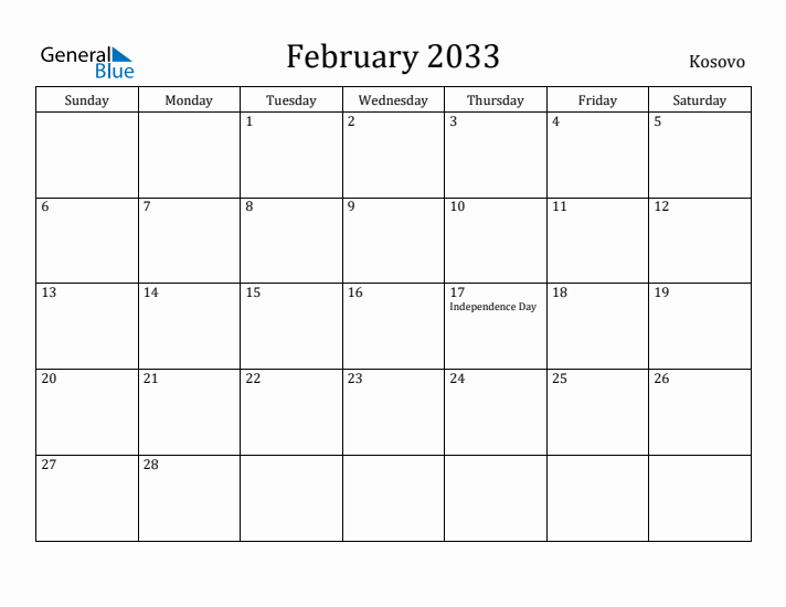 February 2033 Calendar Kosovo