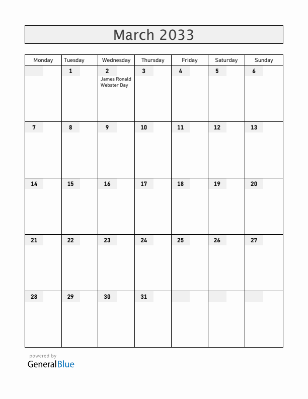 Anguilla March 2033 Calendar with Holidays