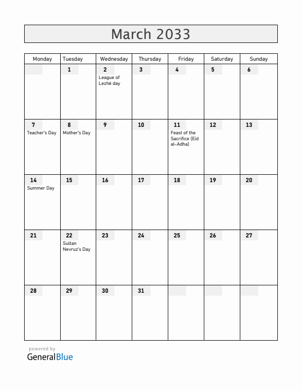 Albania March 2033 Calendar with Holidays