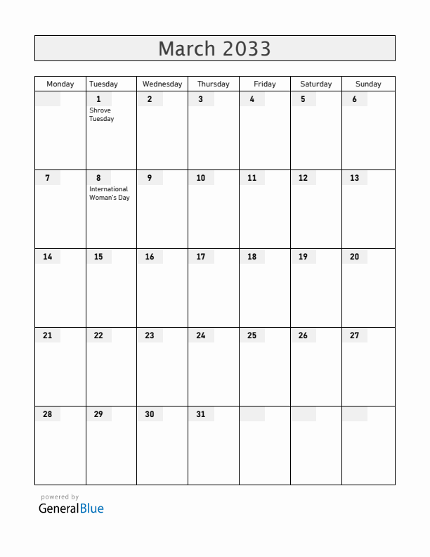 Angola March 2033 Calendar with Holidays