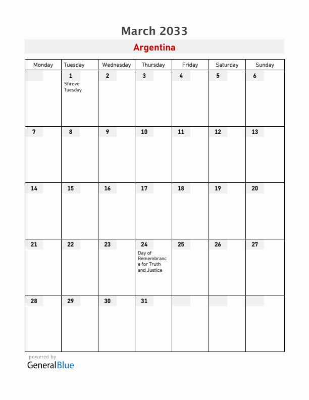 Argentina March 2033 Calendar with Holidays