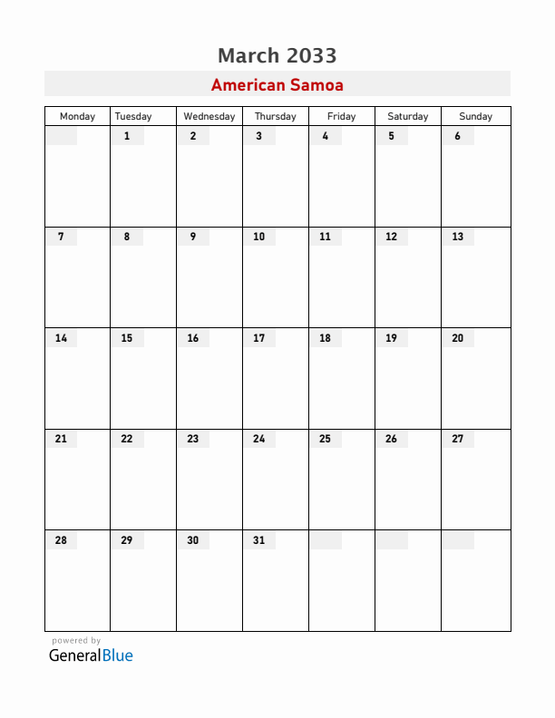 American Samoa March 2033 Calendar with Holidays