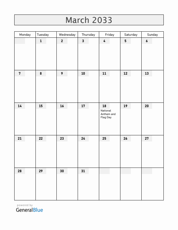 Aruba March 2033 Calendar with Holidays