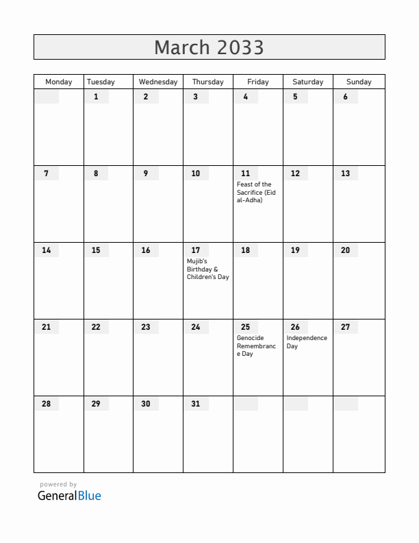 Bangladesh March 2033 Calendar with Holidays