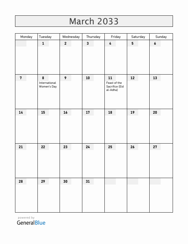 Burkina Faso March 2033 Calendar with Holidays