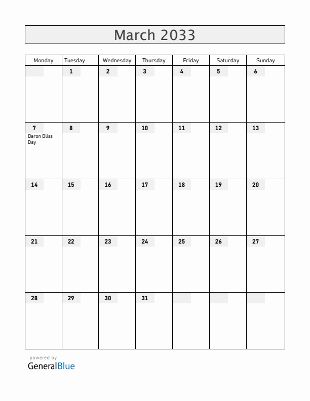 Belize March 2033 Calendar with Holidays