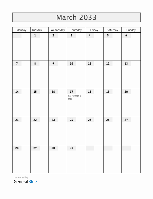 Canada March 2033 Calendar with Holidays