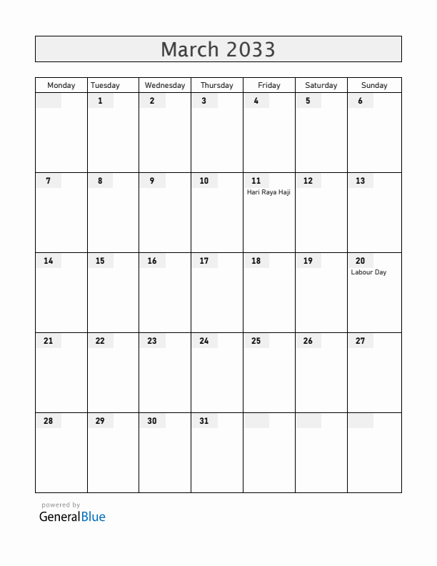Cocos Islands March 2033 Calendar with Holidays