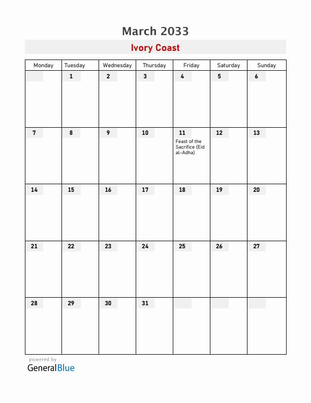 Ivory Coast March 2033 Calendar with Holidays